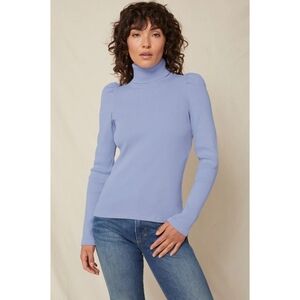 NWT AMO Denim Puff Sleeve Ribbed Turtleneck, Size Medium, Color Iris